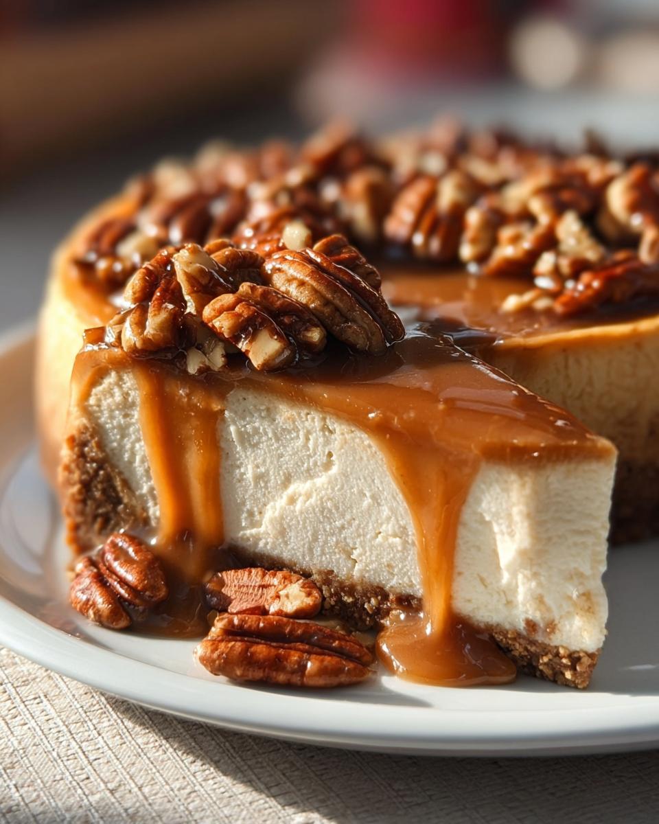A decadent slice of Salted Caramel Pecan Cheesecake topped with rich caramel sauce and whole pecans.