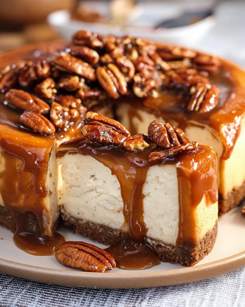A decadent slice of Salted Caramel Pecan Cheesecake, dripping with caramel sauce and topped with candied pecans.