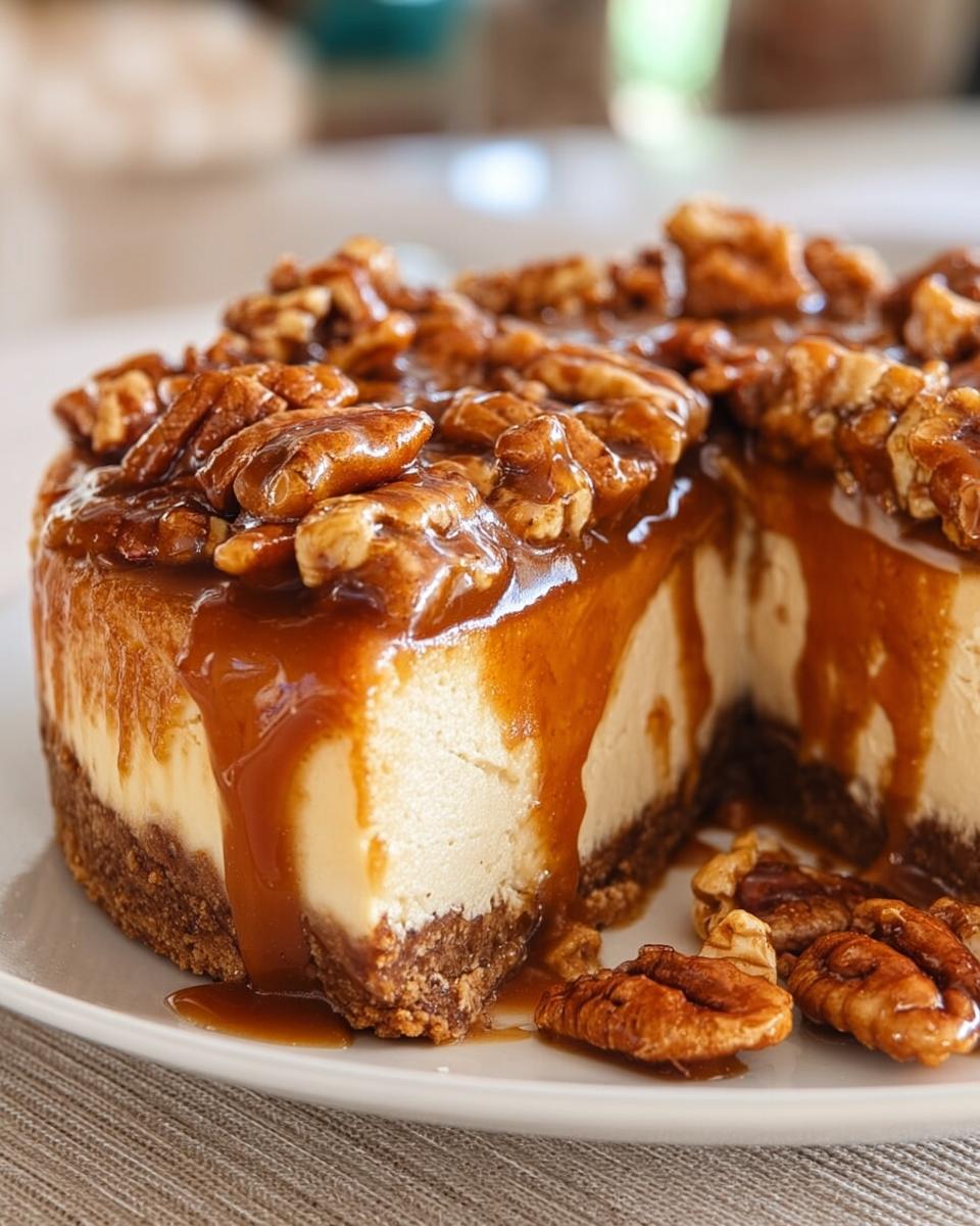 A close-up of a slice of Salted Caramel Pecan Cheesecake with rich caramel dripping over the sides and pecans on top.