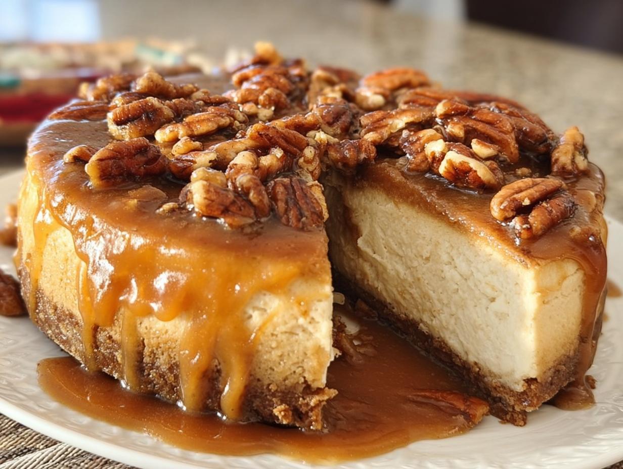 A rich Salted Caramel Pecan Cheesecake topped with pecans and dripping caramel sauce, with one slice cut out showing the creamy interior.