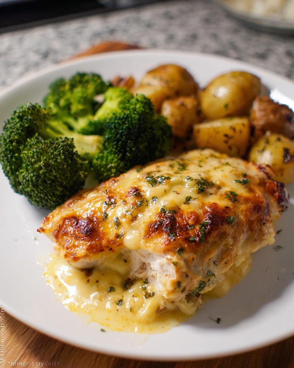 A plate featuring cheesy Sheet Pan Baked Chicken and Broccoli served with roasted potatoes.