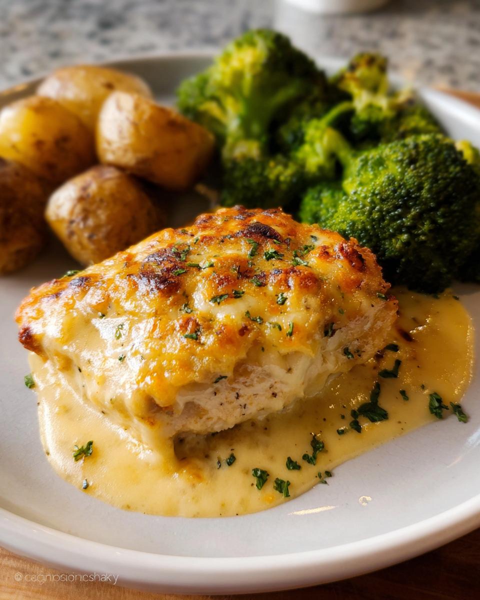 Close-up of a cheesy baked chicken breast served with broccoli and roasted potatoes, part of a Sheet Pan Baked Chicken and Broccoli meal.