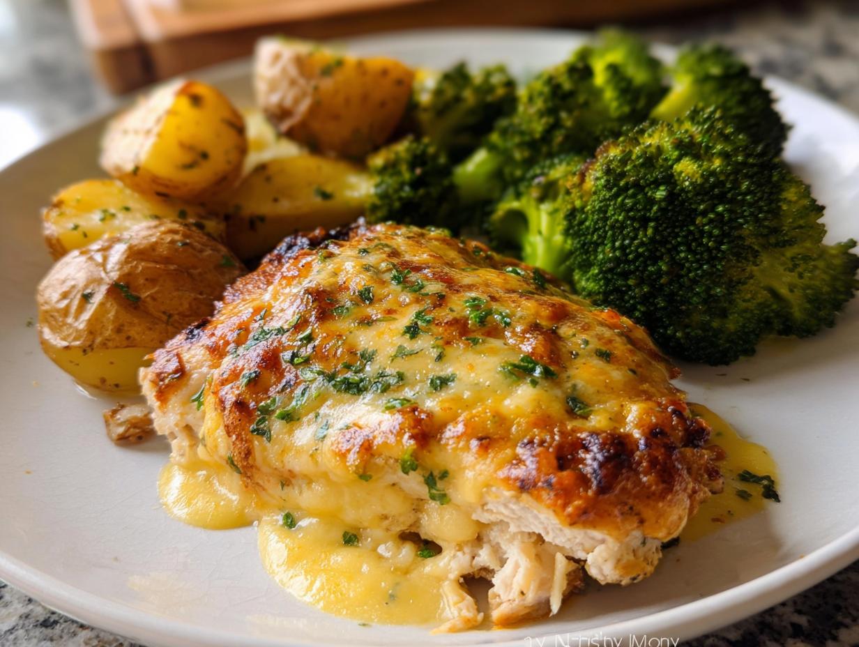 Close-up of Sheet Pan Baked Chicken and Broccoli served with roasted potatoes, topped with melted cheese.