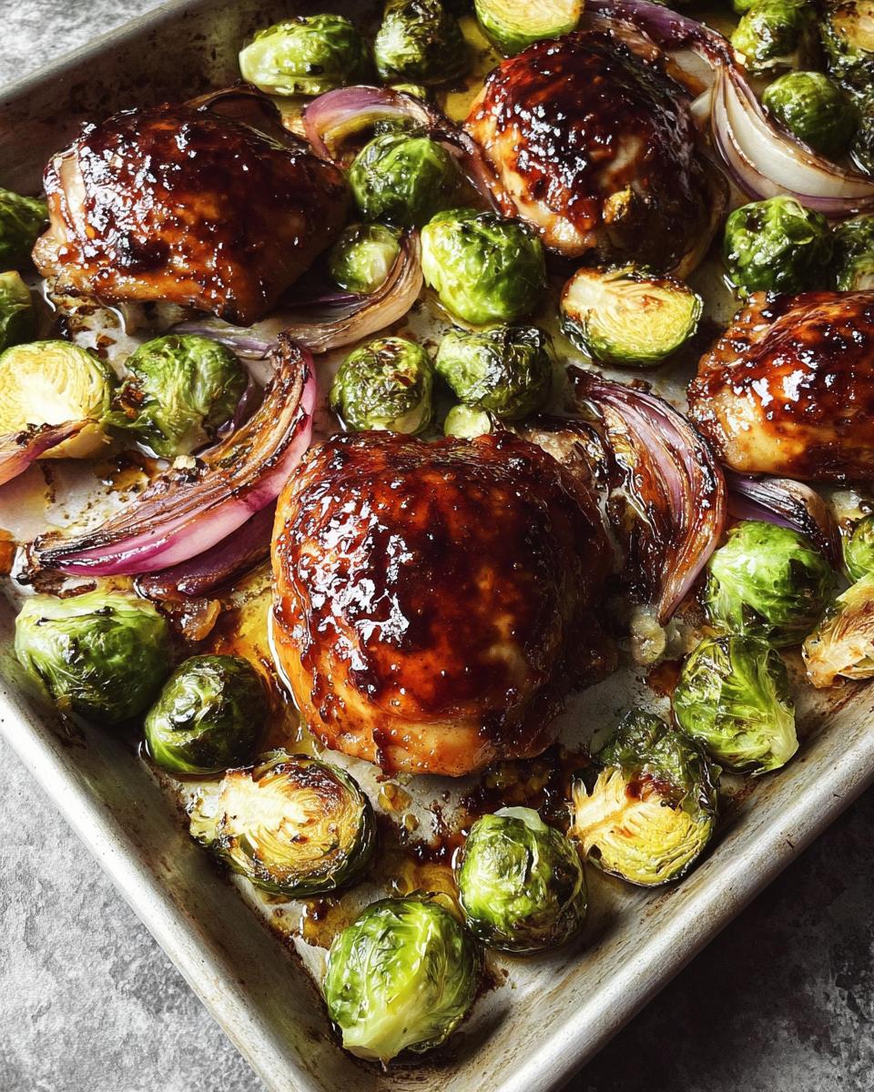 Close-up of Sheet Pan Balsamic Chicken and Brussels Sprouts glistening with a dark glaze on a baking sheet.