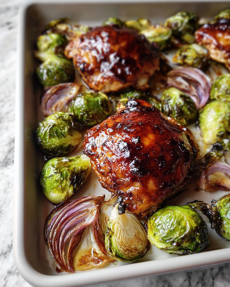 Close-up of Sheet Pan Balsamic Chicken and Brussels Sprouts, featuring glazed chicken thighs and roasted vegetables.