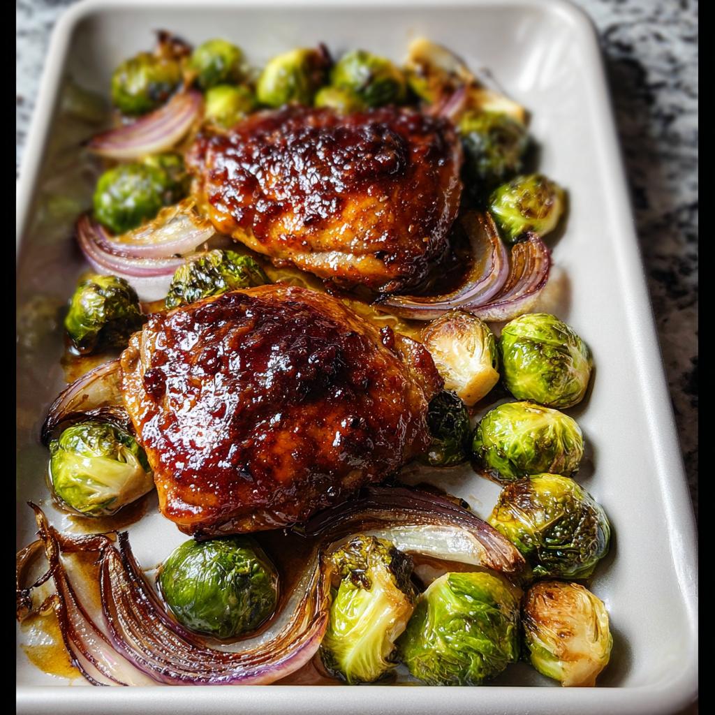 Two glazed chicken thighs served on a sheet pan with roasted Brussels sprouts and red onion wedges.