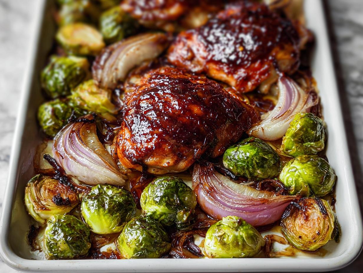 Close-up of Sheet Pan Balsamic Chicken and Brussels Sprouts with caramelized onions in a white baking dish.