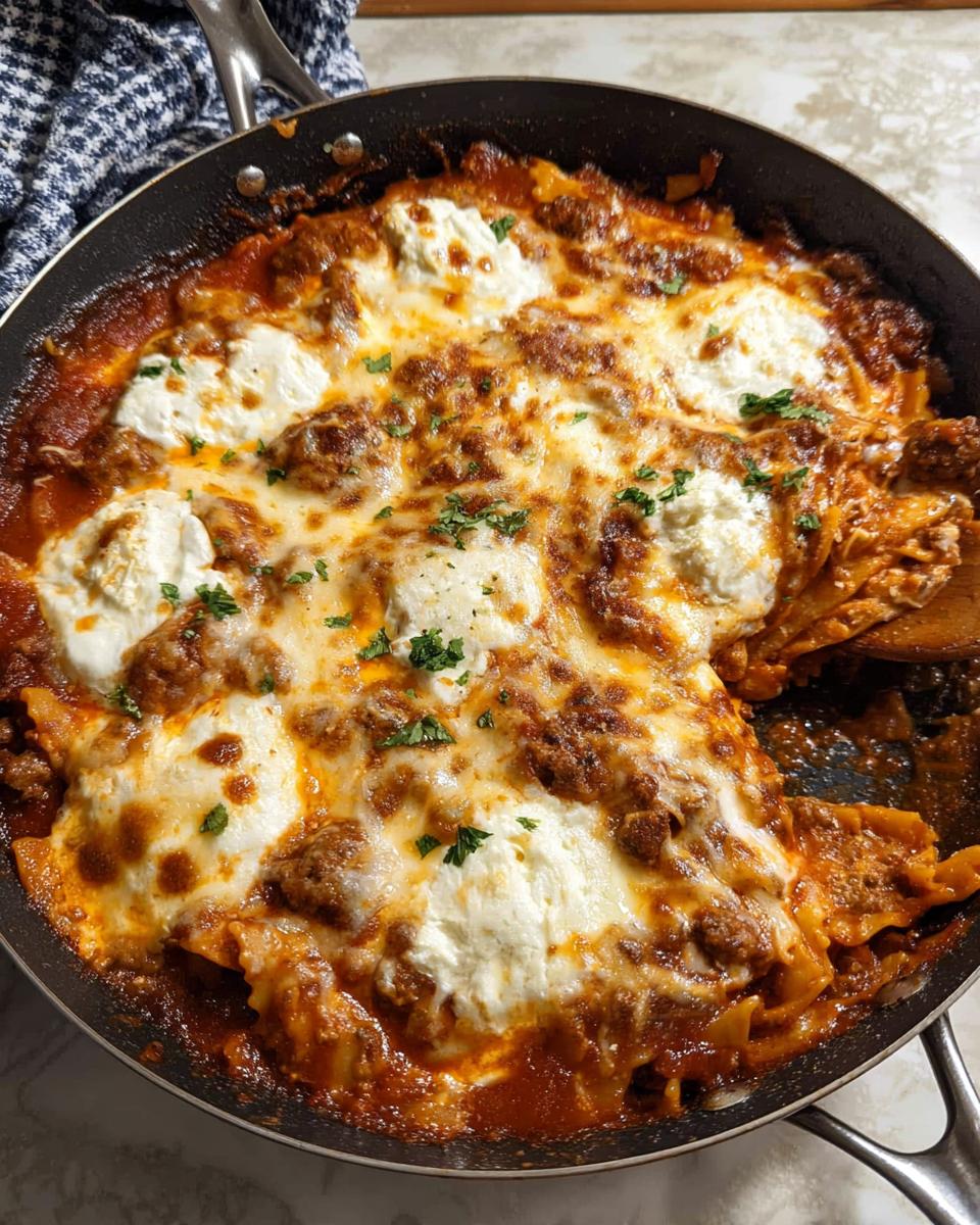Close-up of Skillet Stovetop Lasagna with Ricotta, bubbling tomato sauce, and melted cheese.