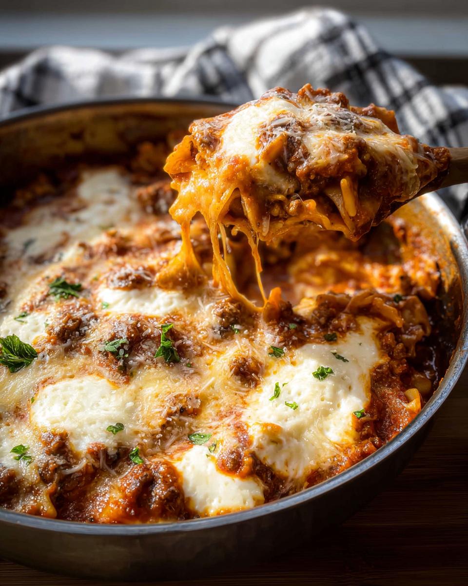 A wooden spoon lifts a cheesy, saucy portion of Skillet Stovetop Lasagna with Ricotta from the pan.