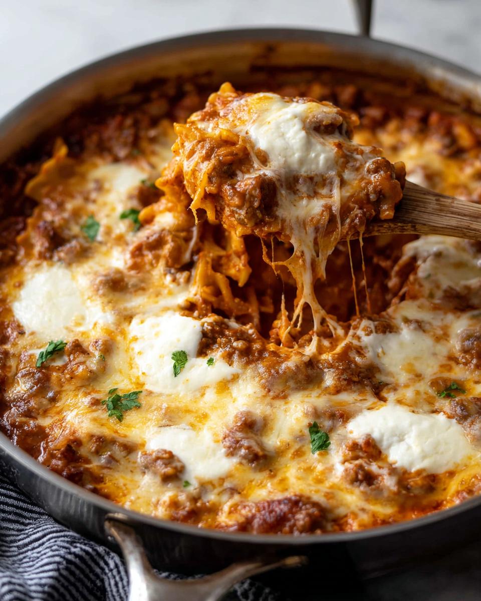 A spoonful of Skillet Stovetop Lasagna with Ricotta showing a dramatic cheese pull over the saucy meat mixture.