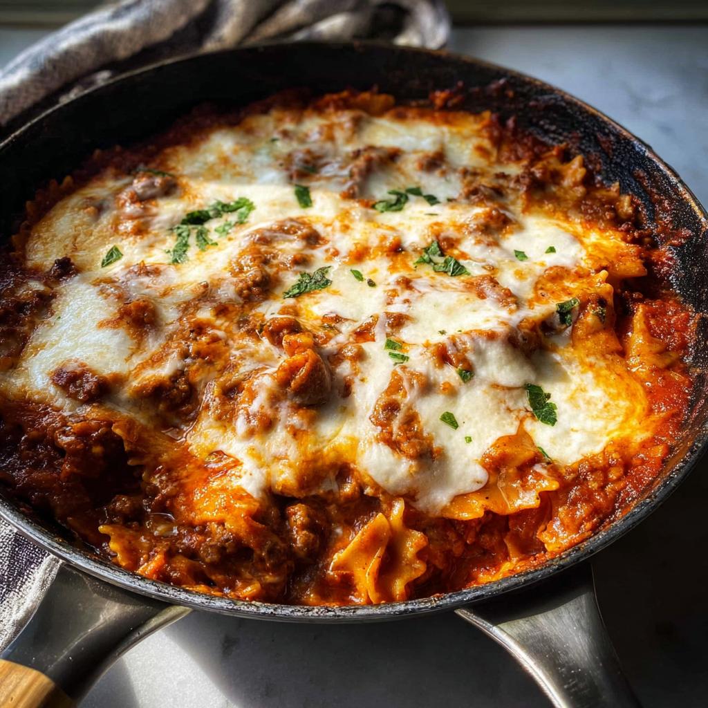 Close-up of bubbling Skillet Stovetop Lasagna with Ricotta, topped with melted mozzarella and parsley.