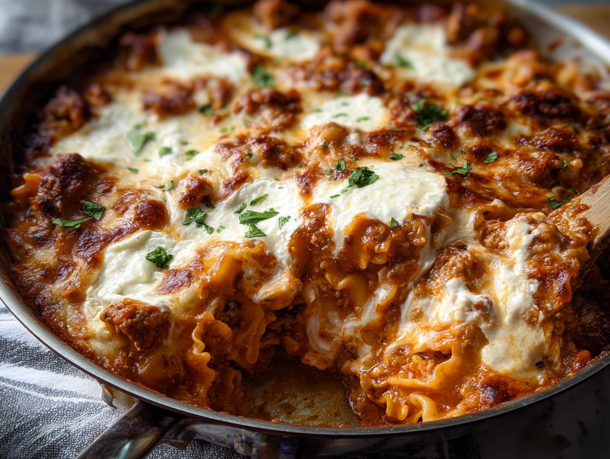 Close-up of Skillet Stovetop Lasagna with Ricotta, showing bubbling sauce and melted cheese.