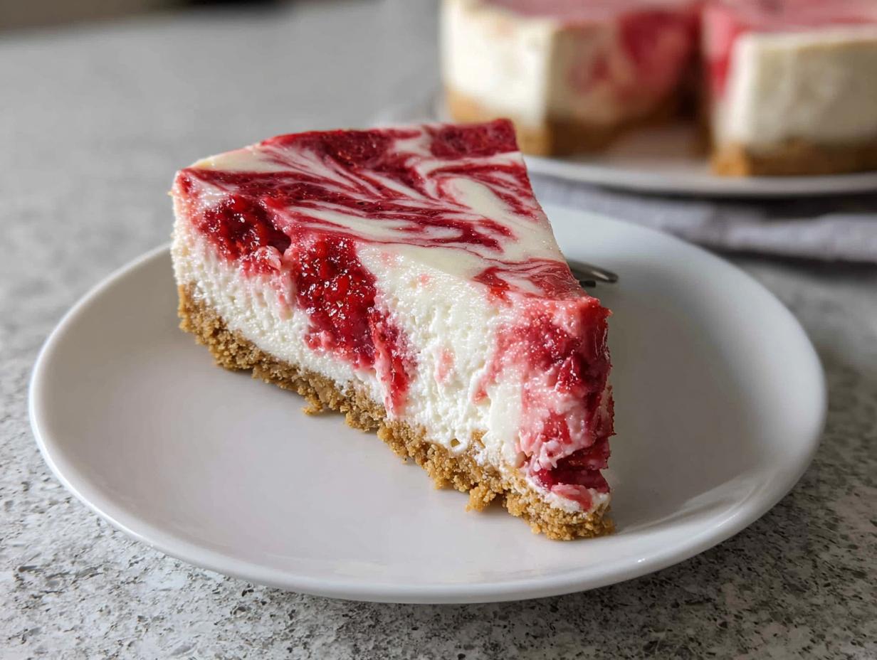 A close-up of a slice of No Bake Strawberry Swirl Cheesecake with a graham cracker crust on a white plate.