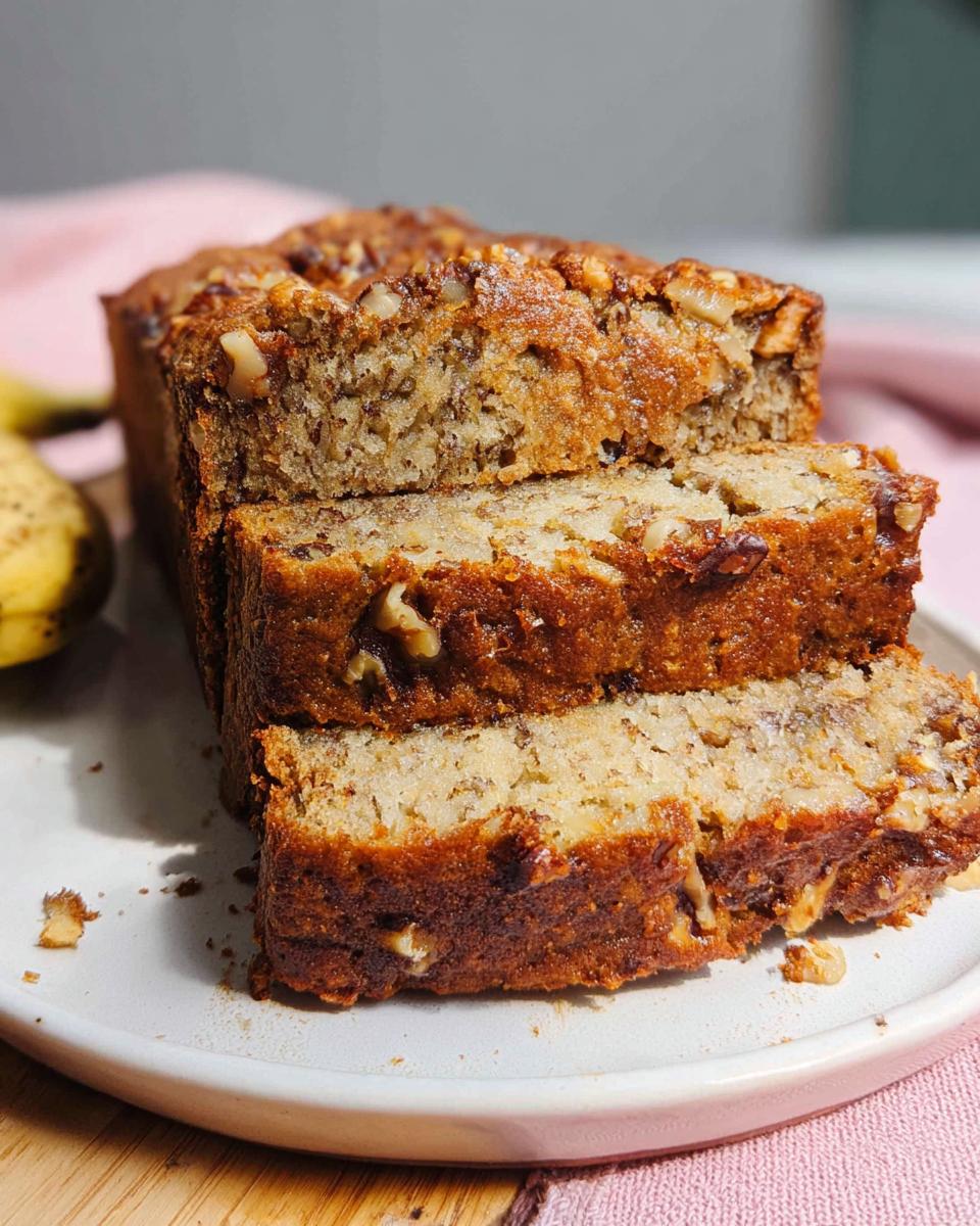 Close-up of moist Banana Nut Bread with Walnuts sliced on a white plate.