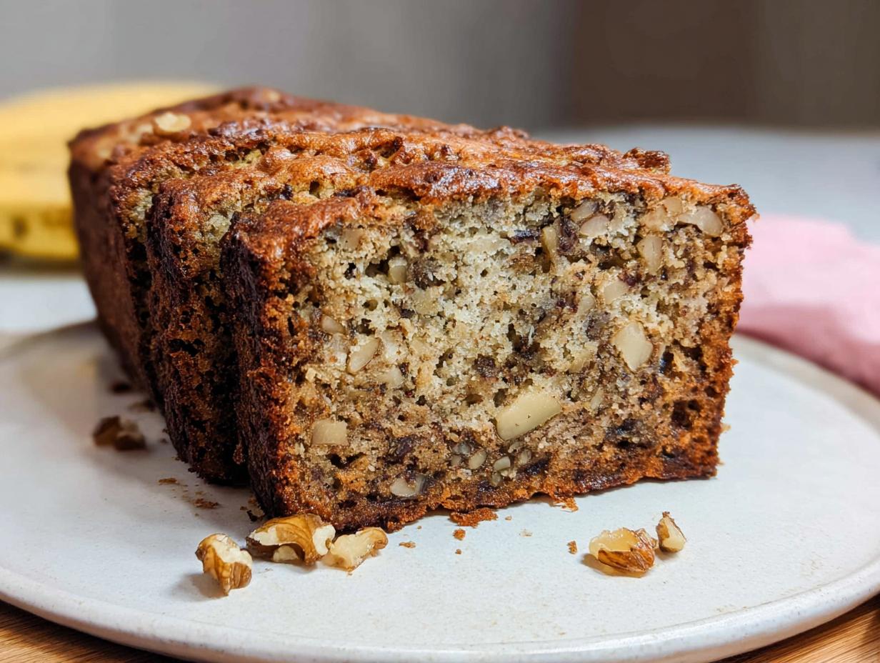 Close-up of freshly sliced Banana Nut Bread with Walnuts showing a moist interior and crunchy nuts.