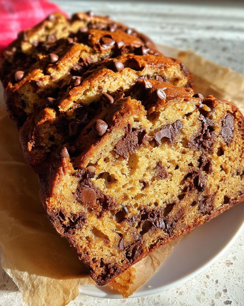 Close-up of sliced Brown Butter Banana Bread loaded with melted chocolate chips, showing a moist crumb.