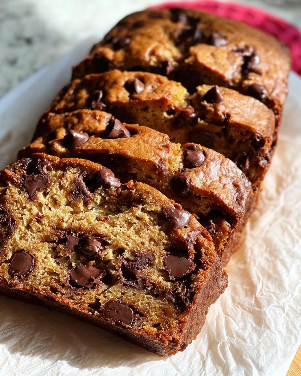 Close-up of sliced Brown Butter Banana Bread loaded with melted chocolate chips.