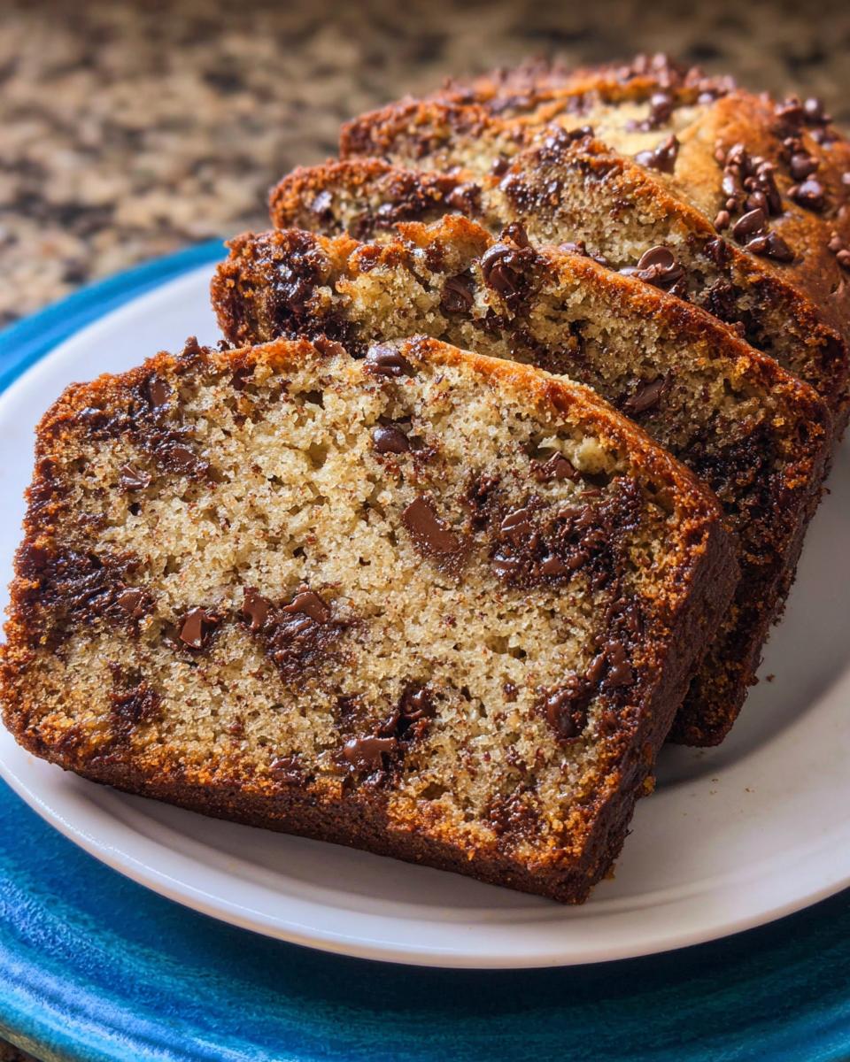 Four thick slices of moist Chocolate Chip Banana Bread Loaf showing melted chocolate chips throughout the crumb.