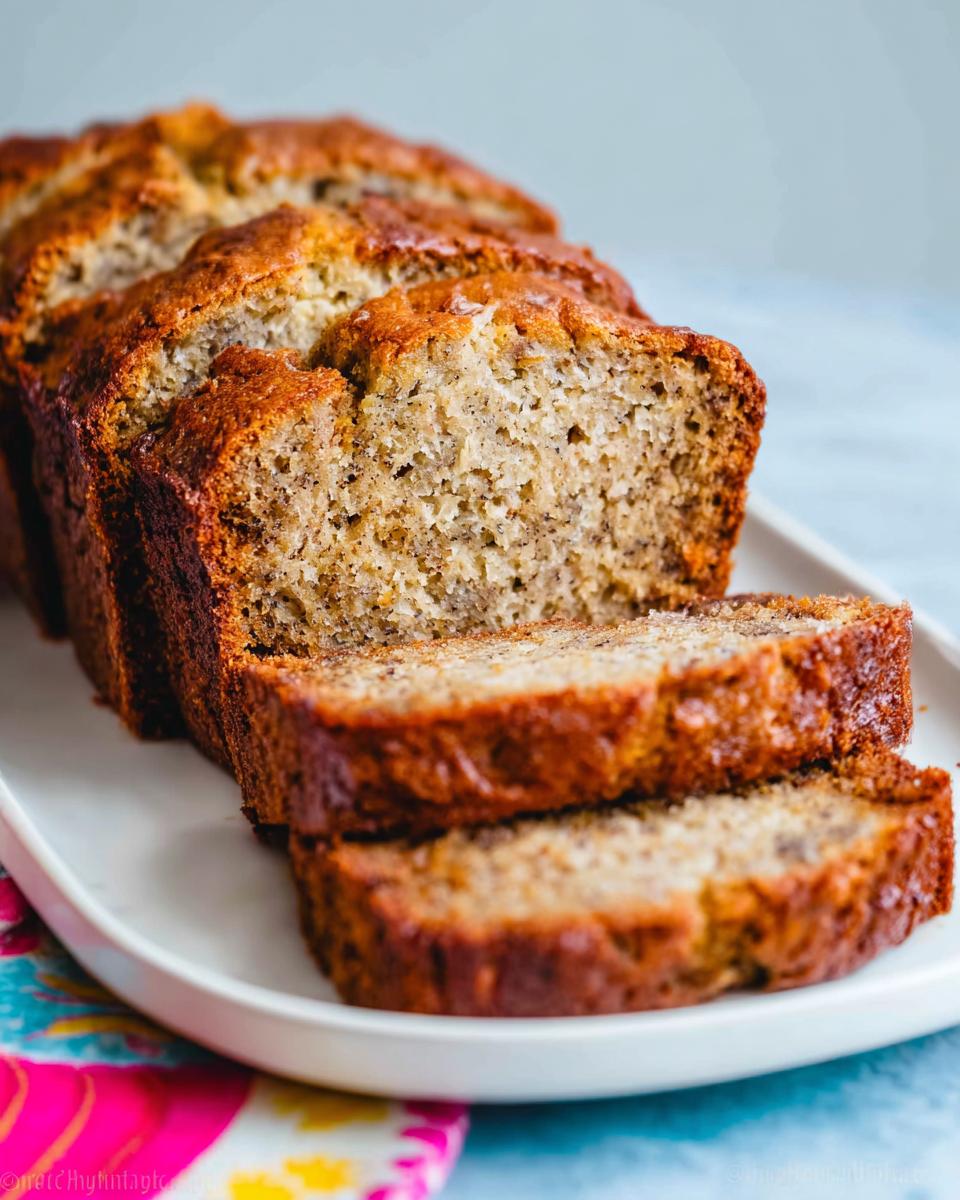 Close-up of several thick slices of moist Sour Cream Banana Bread arranged on a white serving platter.