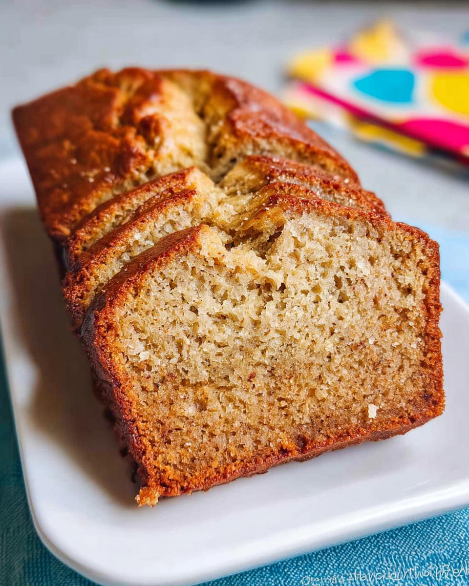 Close-up of sliced Sour Cream Banana Bread with a moist crumb, served on a white rectangular plate.