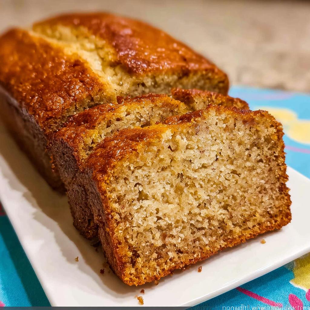 Close-up of moist, sliced Sour Cream Banana Bread with a shiny, golden-brown top.