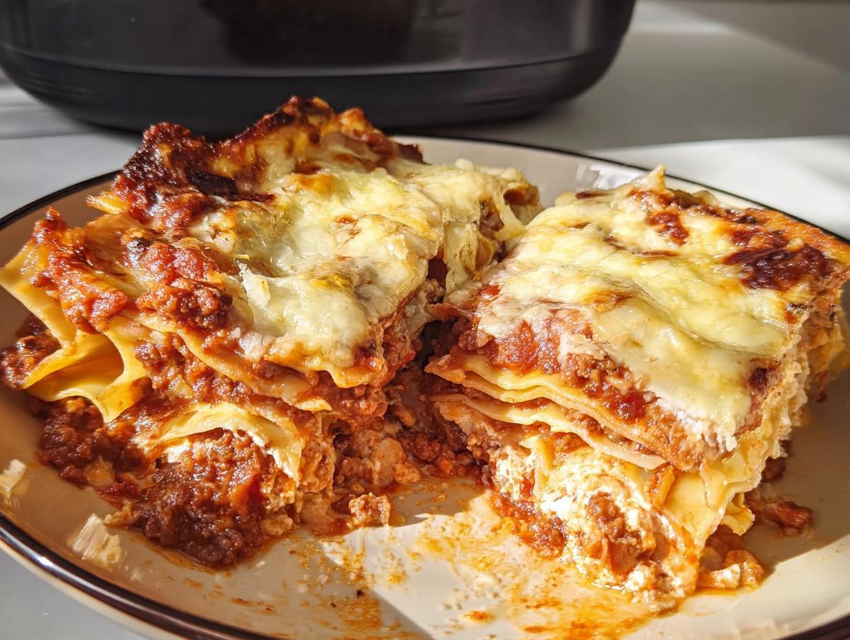 Two generous slices of layered Slow Cooker Lasagna with Meat Sauce topped with melted, browned cheese.