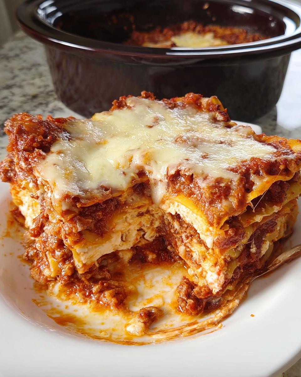 A generous slice of Slow Cooker Lasagna with Meat Sauce, layered with pasta, cheese, and rich sauce, served on a white plate.