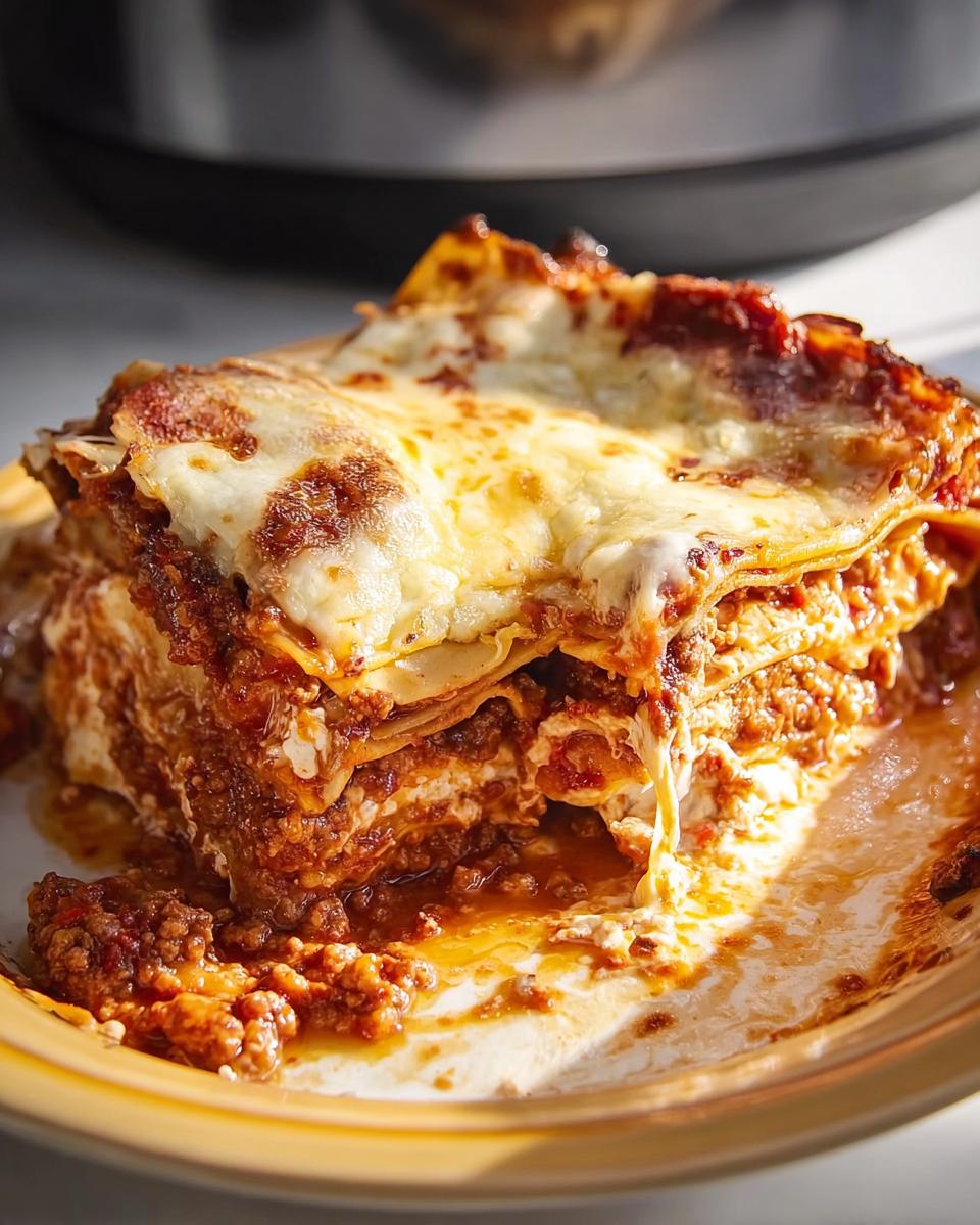 A mouthwatering, cheesy slice of Slow Cooker Lasagna with Meat Sauce layered with pasta, ricotta, and rich meat sauce.