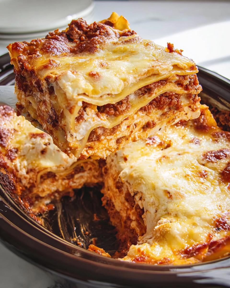 A spatula lifts a perfect, layered slice of Slow Cooker Lasagna with Meat Sauce from the slow cooker insert.