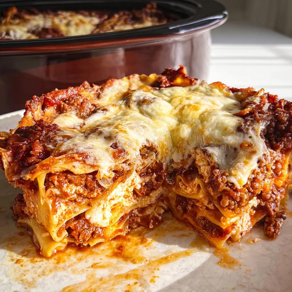 A generous slice of rich Slow Cooker Lasagna with Meat Sauce, showing layers of pasta, cheese, and meat sauce, with the slow cooker visible behind it.