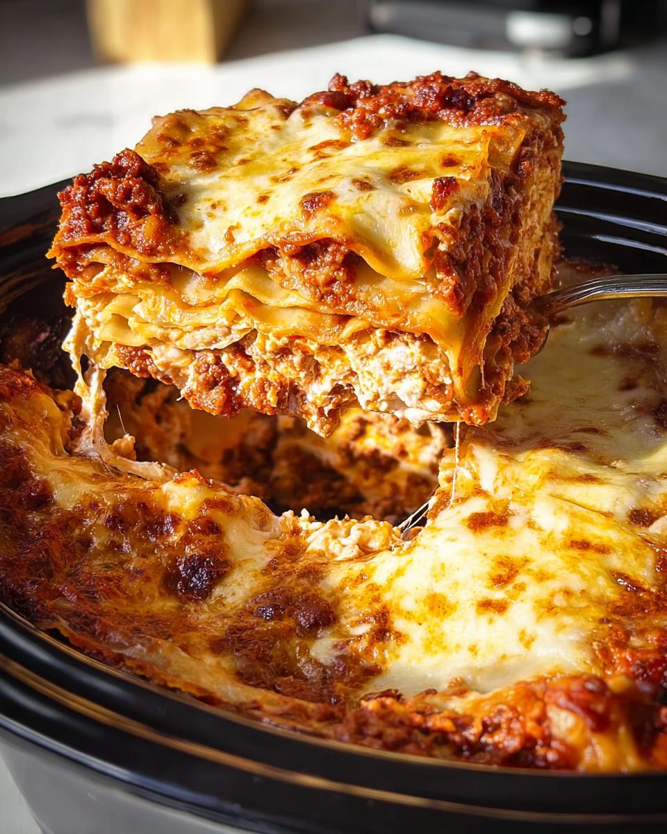 A large, cheesy slice of Slow Cooker Lasagna with Meat Sauce being lifted out of the slow cooker.