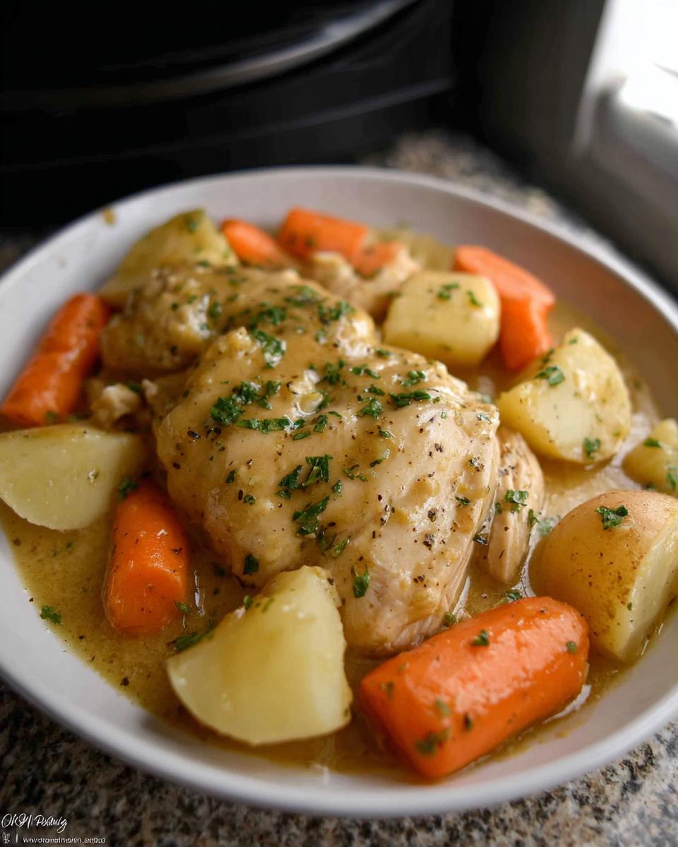 A bowl of Slow Cooker Ranch Chicken Thighs served with chunks of potatoes and carrots in a savory sauce.
