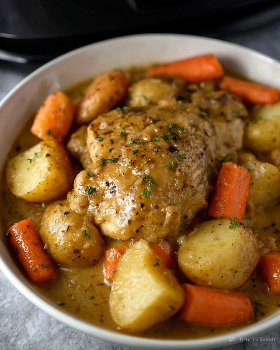A close-up of Slow Cooker Ranch Chicken Thighs served in a white bowl with chunks of potatoes and carrots in a savory sauce.