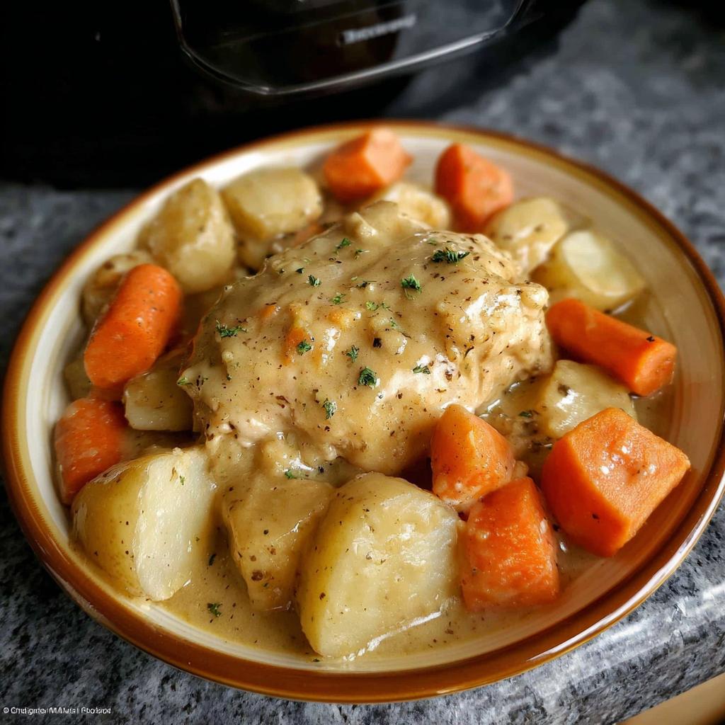 A plate of Slow Cooker Ranch Chicken Thighs smothered in creamy sauce with chunks of potatoes and carrots.