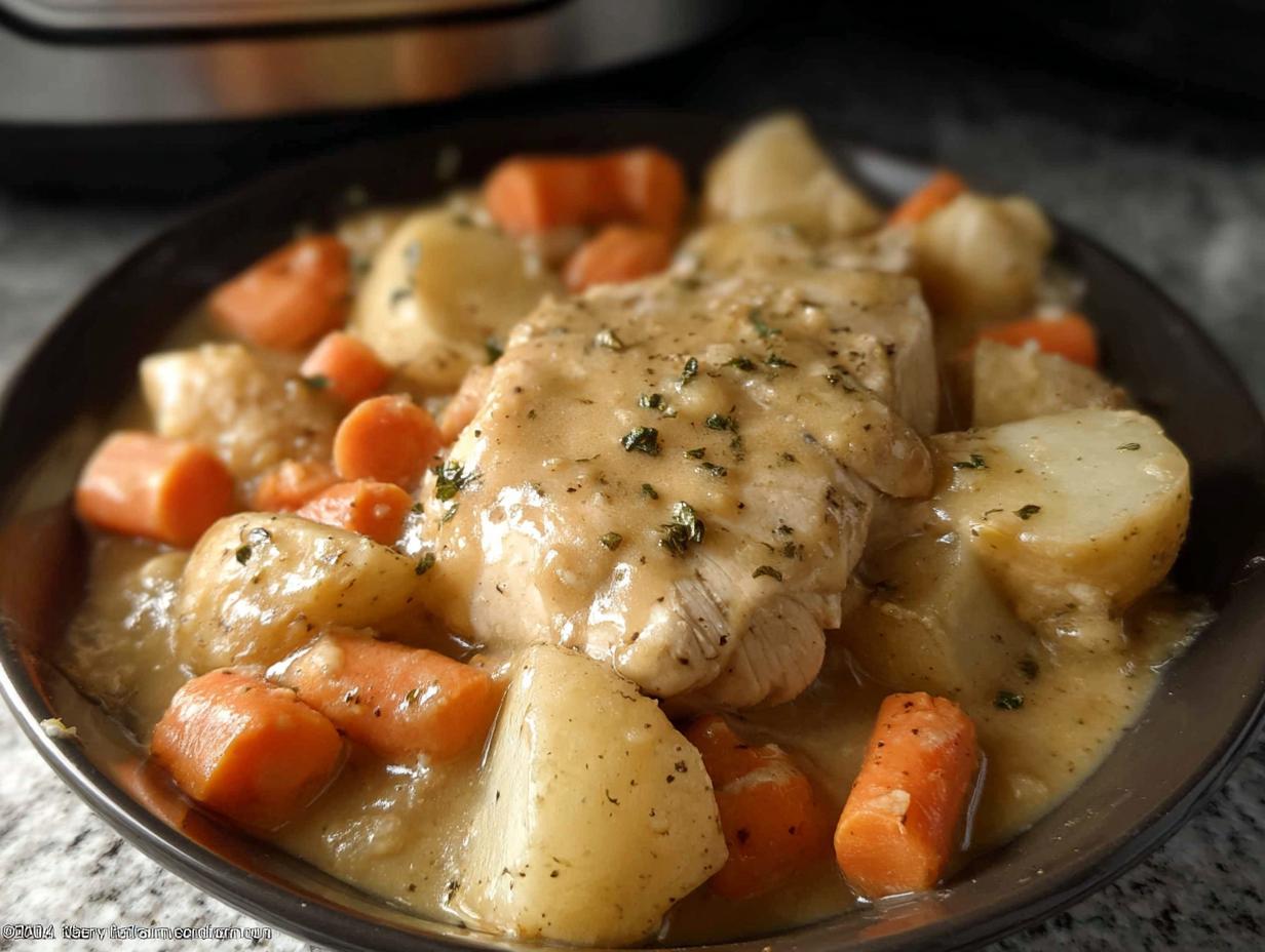 A serving of Slow Cooker Ranch Chicken Thighs smothered in creamy sauce with chunks of potatoes and carrots.