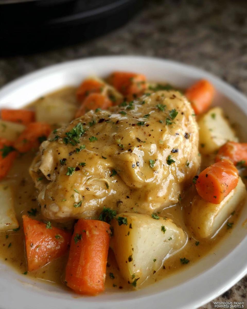 A serving of tender Slow Cooker Ranch Chicken Thighs covered in creamy sauce, surrounded by carrots and potatoes.