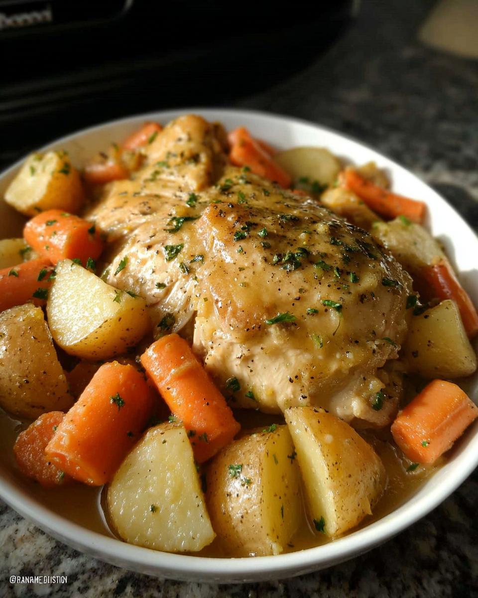 A bowl of tender Slow Cooker Ranch Chicken Thighs served with chunks of potatoes and carrots, topped with herbs.