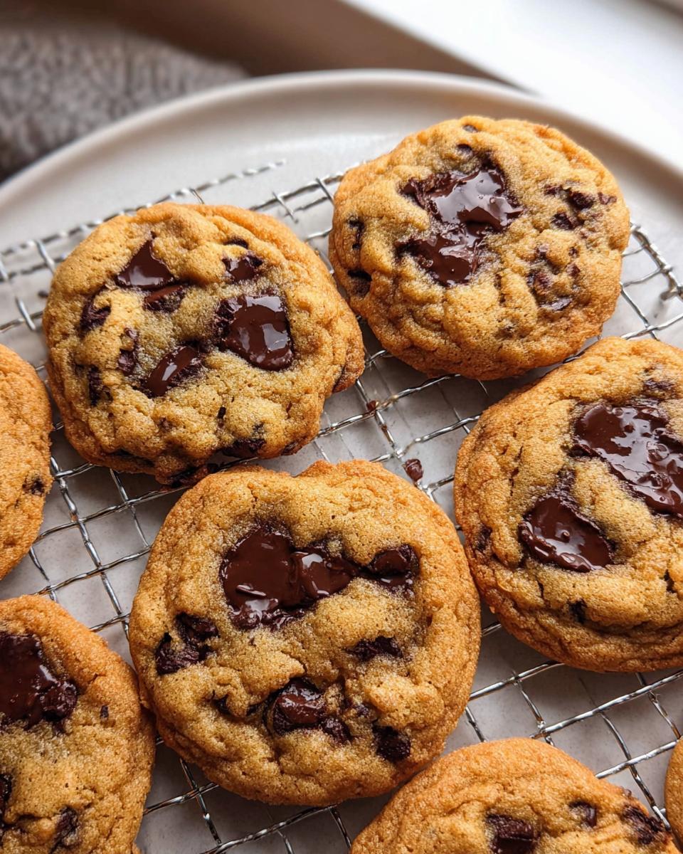 Close-up of warm Small Batch Chocolate Chip Cookies cooling on a wire rack with melted chocolate pools.