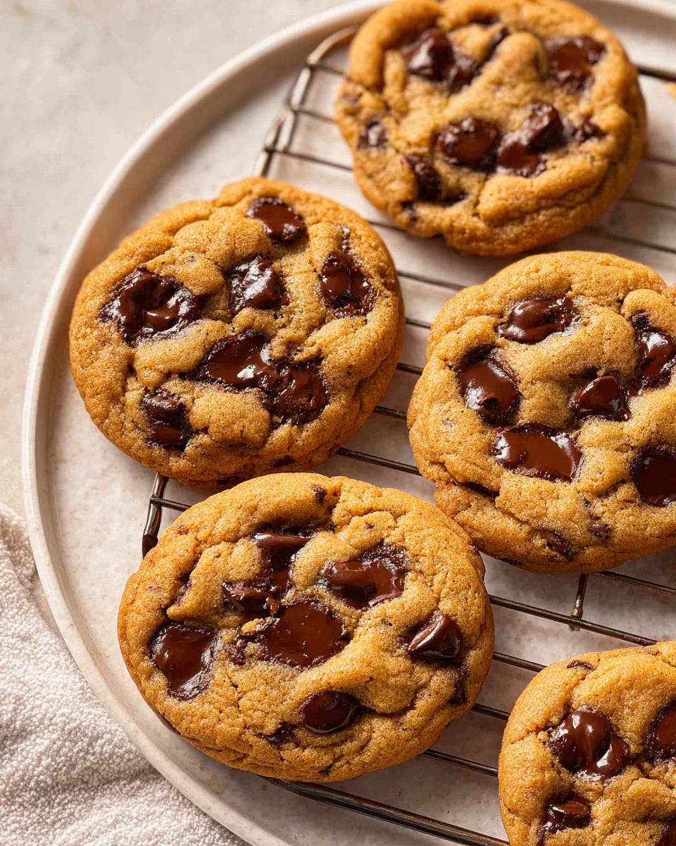 Close-up of gooey Small Batch Chocolate Chip Cookies cooling on a wire rack.