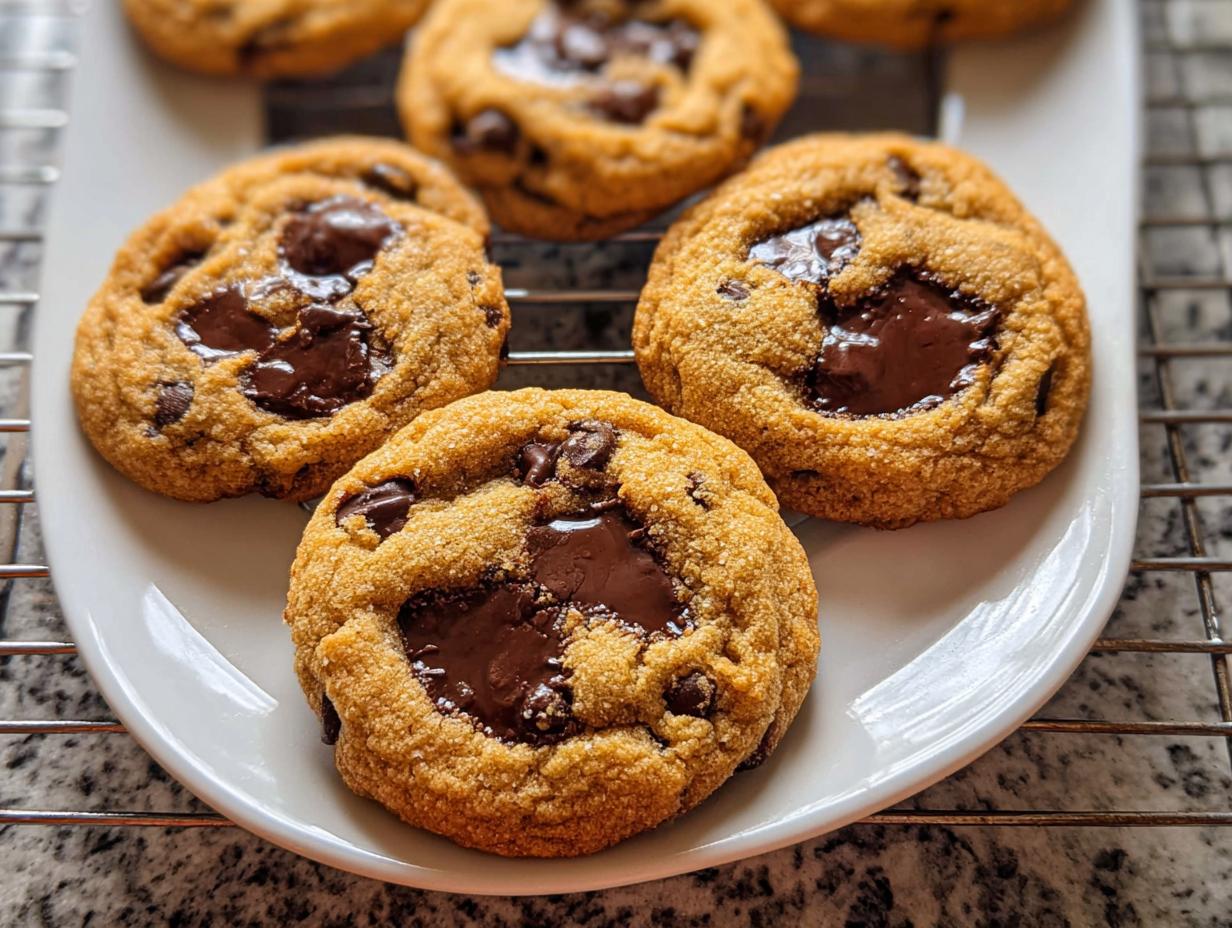 Close-up of several gooey Small Batch Chocolate Chip Cookies for Two cooling on a white plate over a wire rack.