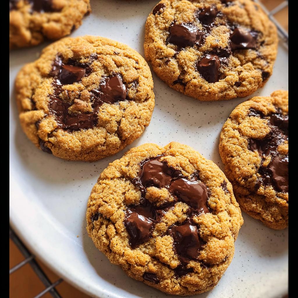 Close-up of freshly baked Small Batch Chocolate Chip Cookies with gooey, melted chocolate pools on a light plate.