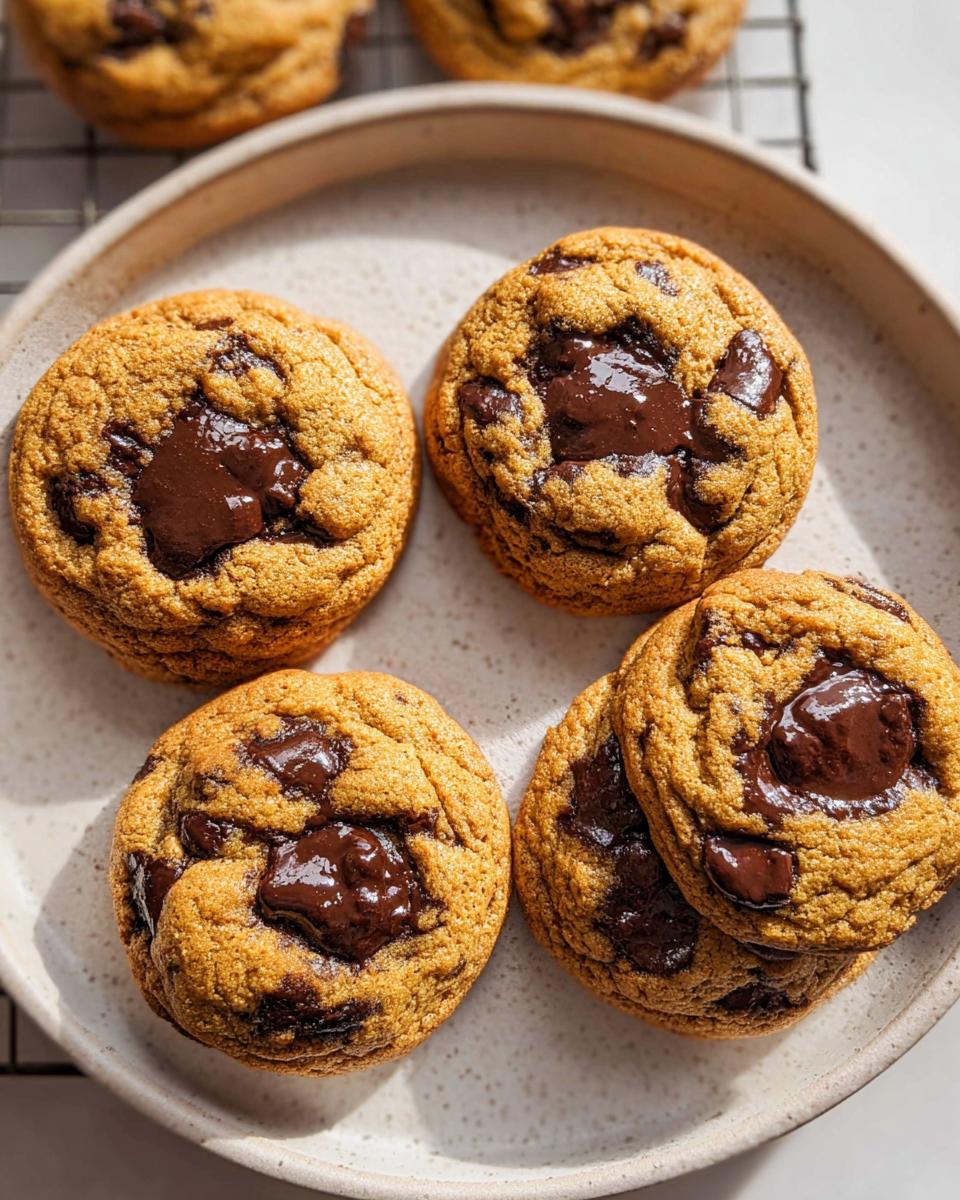 Four golden brown Small Batch Chocolate Chip Cookies with melted chocolate pools, served on a speckled white plate.