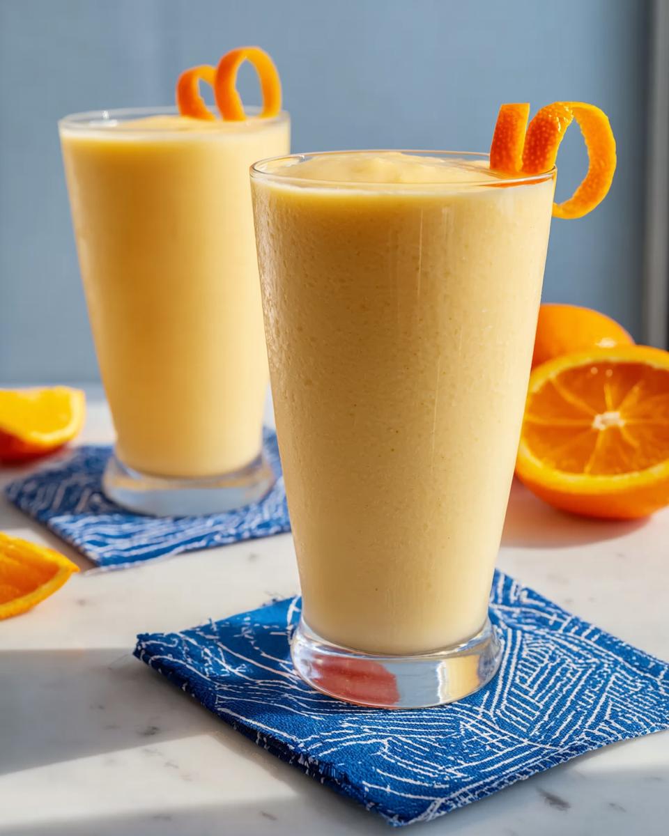 Two glasses of thick, orange-colored Smoothie Recipe Lose belly fat without exercising, garnished with orange zest.