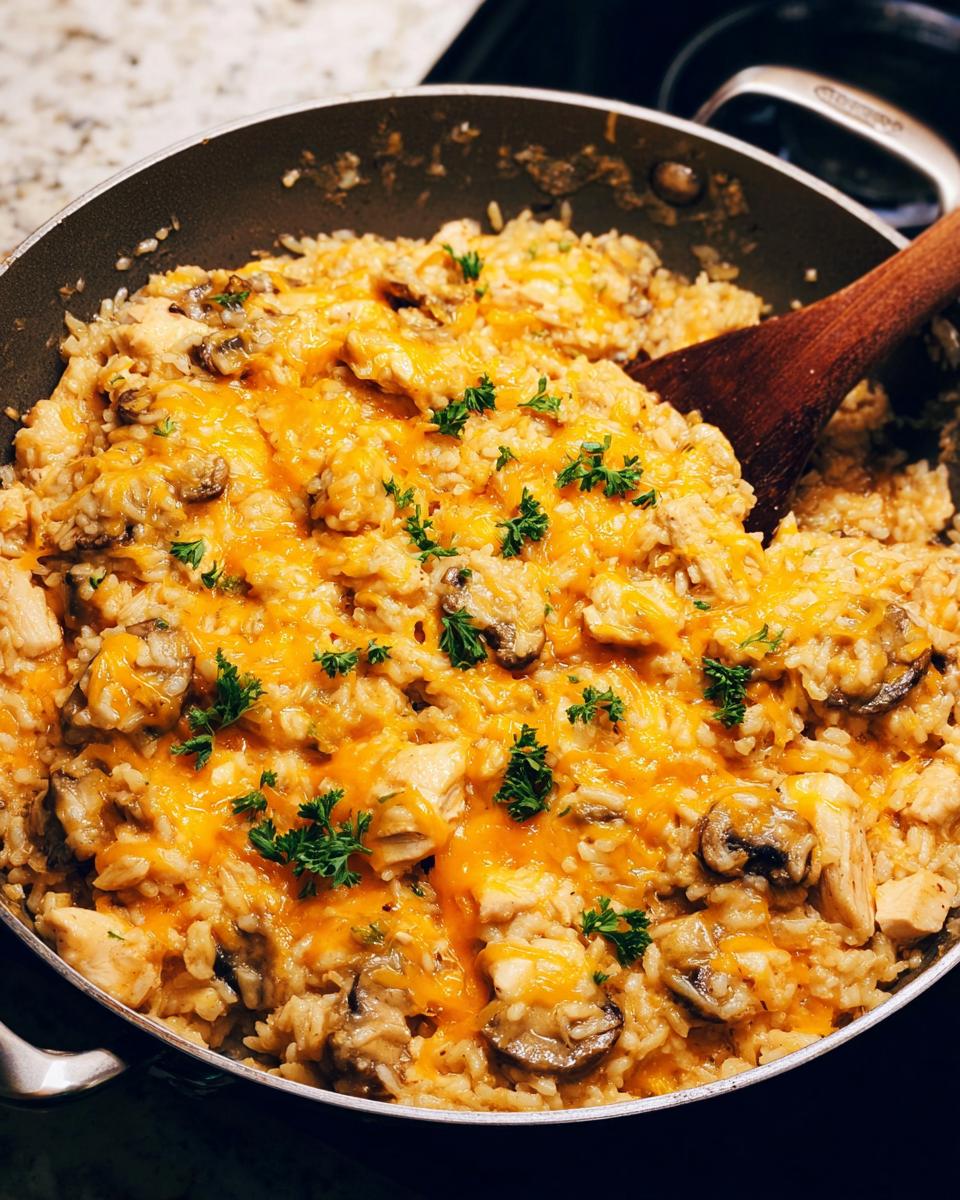 Close-up of Smothered Chicken and Rice Skillet topped with melted cheddar cheese and fresh parsley.