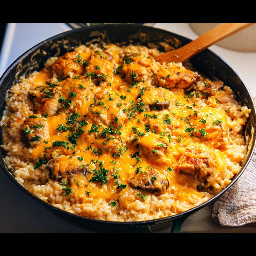 Close-up of Smothered Chicken and Rice Skillet topped with melted cheddar cheese and fresh parsley.