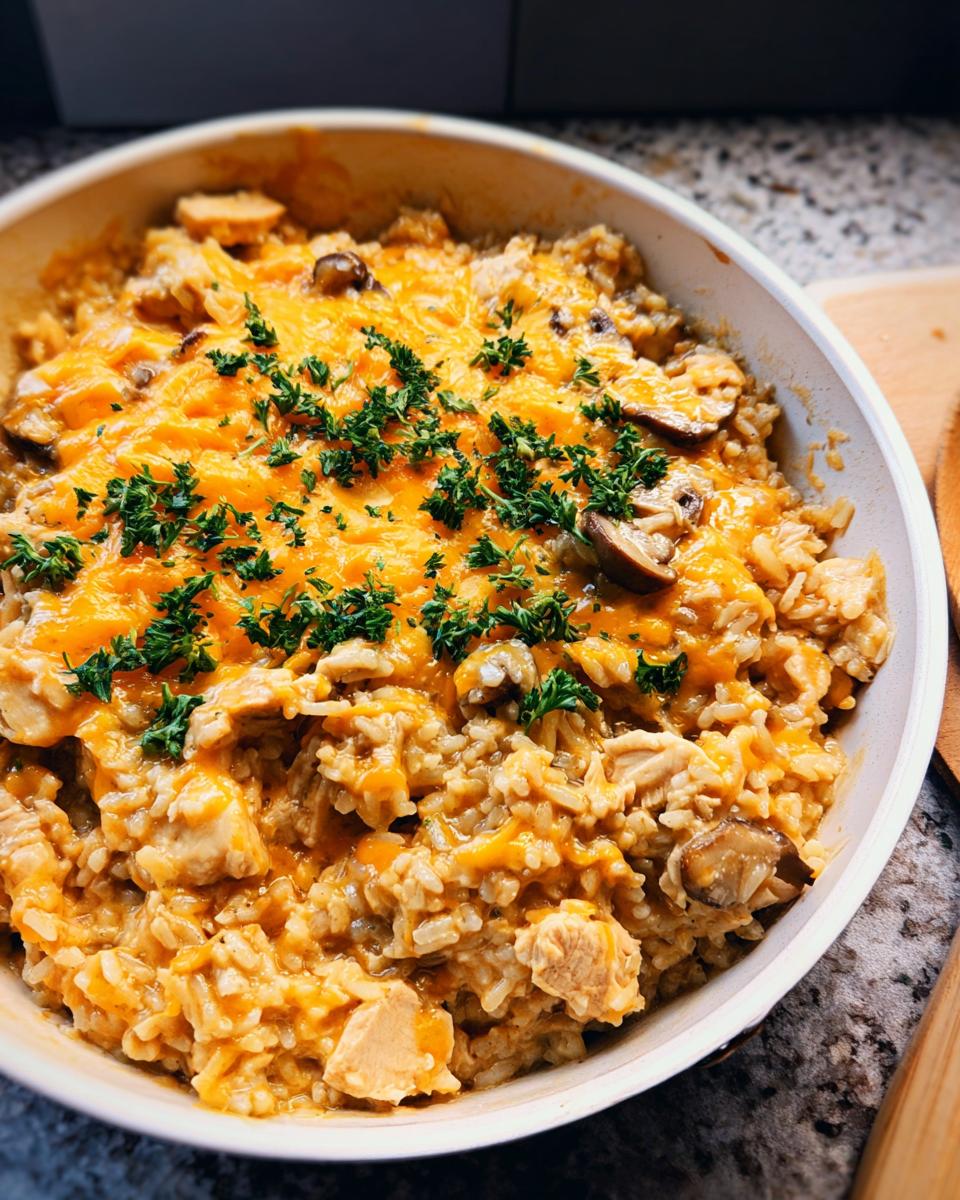 Close-up of Smothered Chicken and Rice Skillet topped with melted cheddar cheese and fresh parsley.