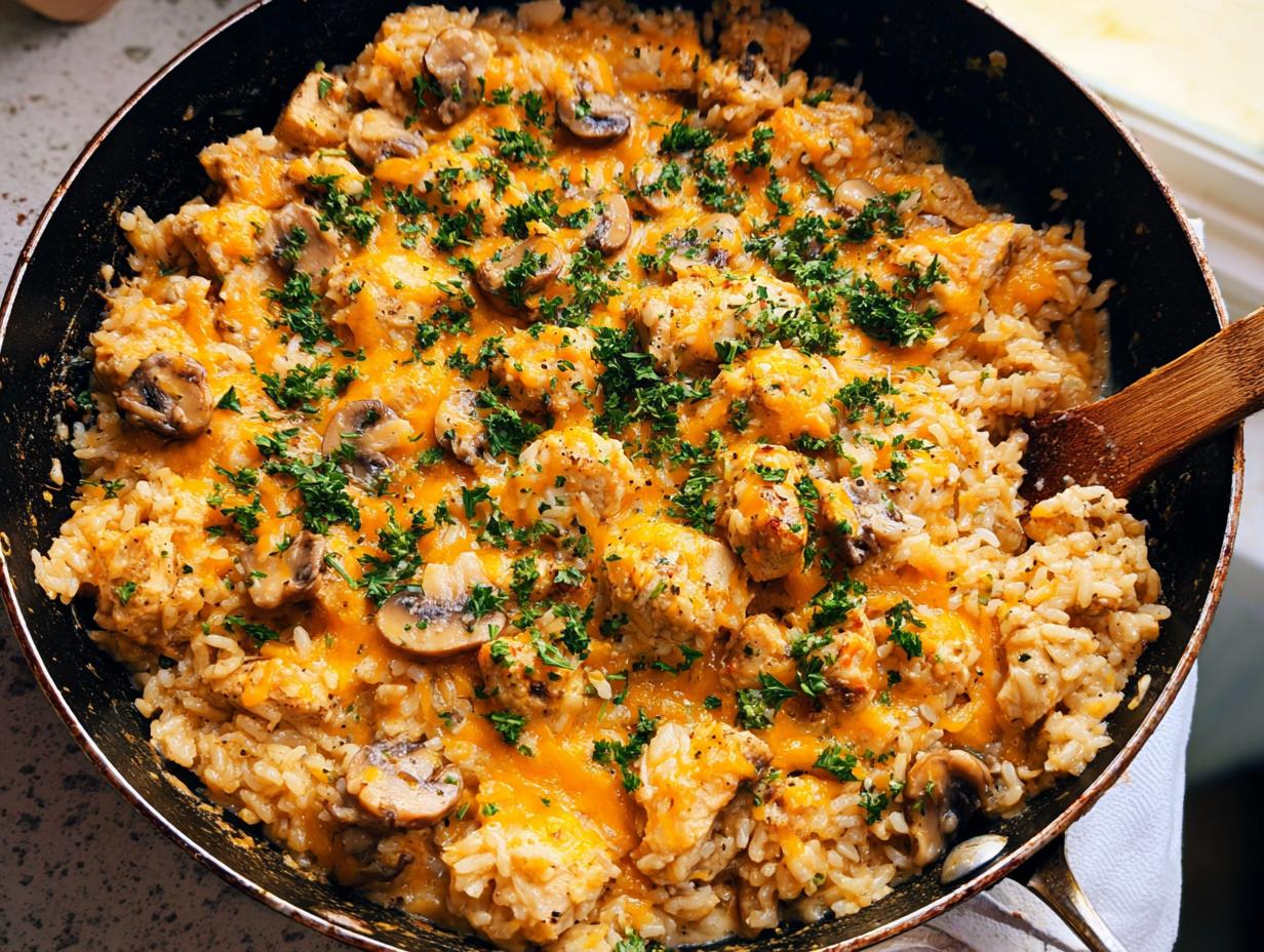 Close-up of Smothered Chicken and Rice Skillet topped with melted cheddar cheese, mushrooms, and fresh parsley.