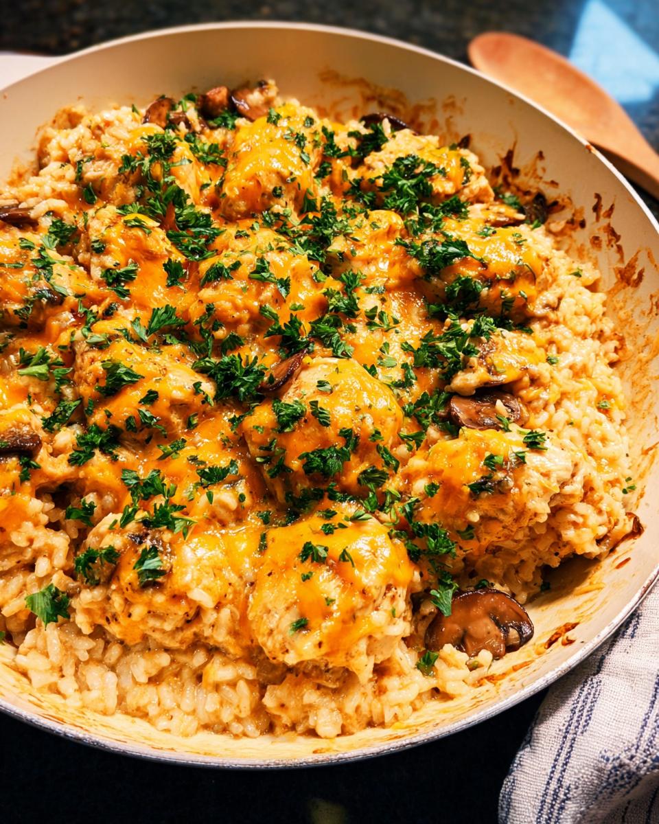 Close-up of Smothered Chicken and Rice Skillet topped with melted cheese, mushrooms, and fresh parsley.