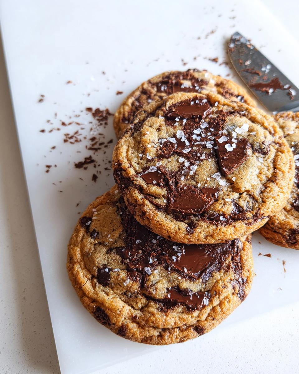 A stack of Soft and Chewy Brown Butter Chocolate Chip Cookies topped with flaky sea salt.