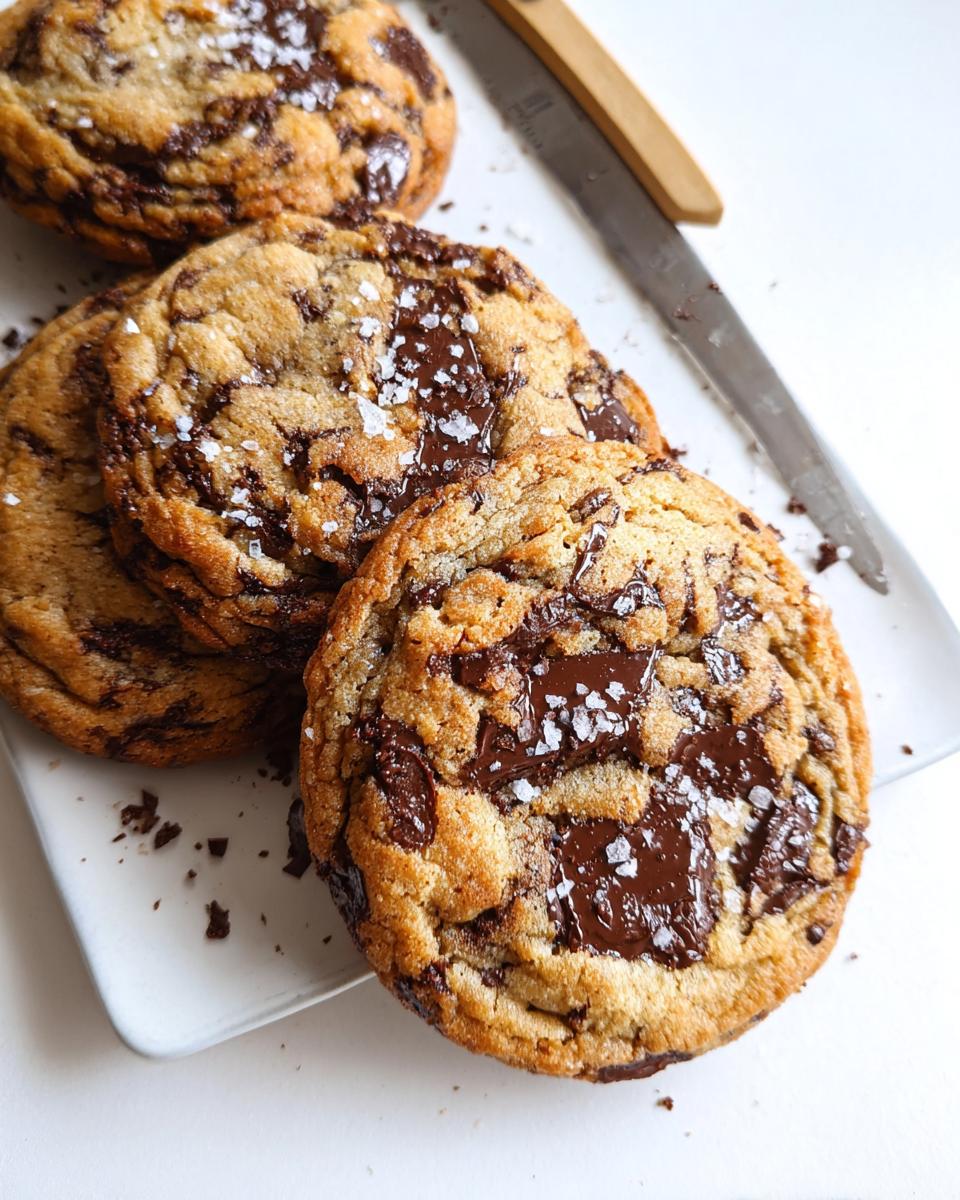 Four Soft and Chewy Brown Butter Chocolate Chip Cookies topped with flaky sea salt on a white plate.